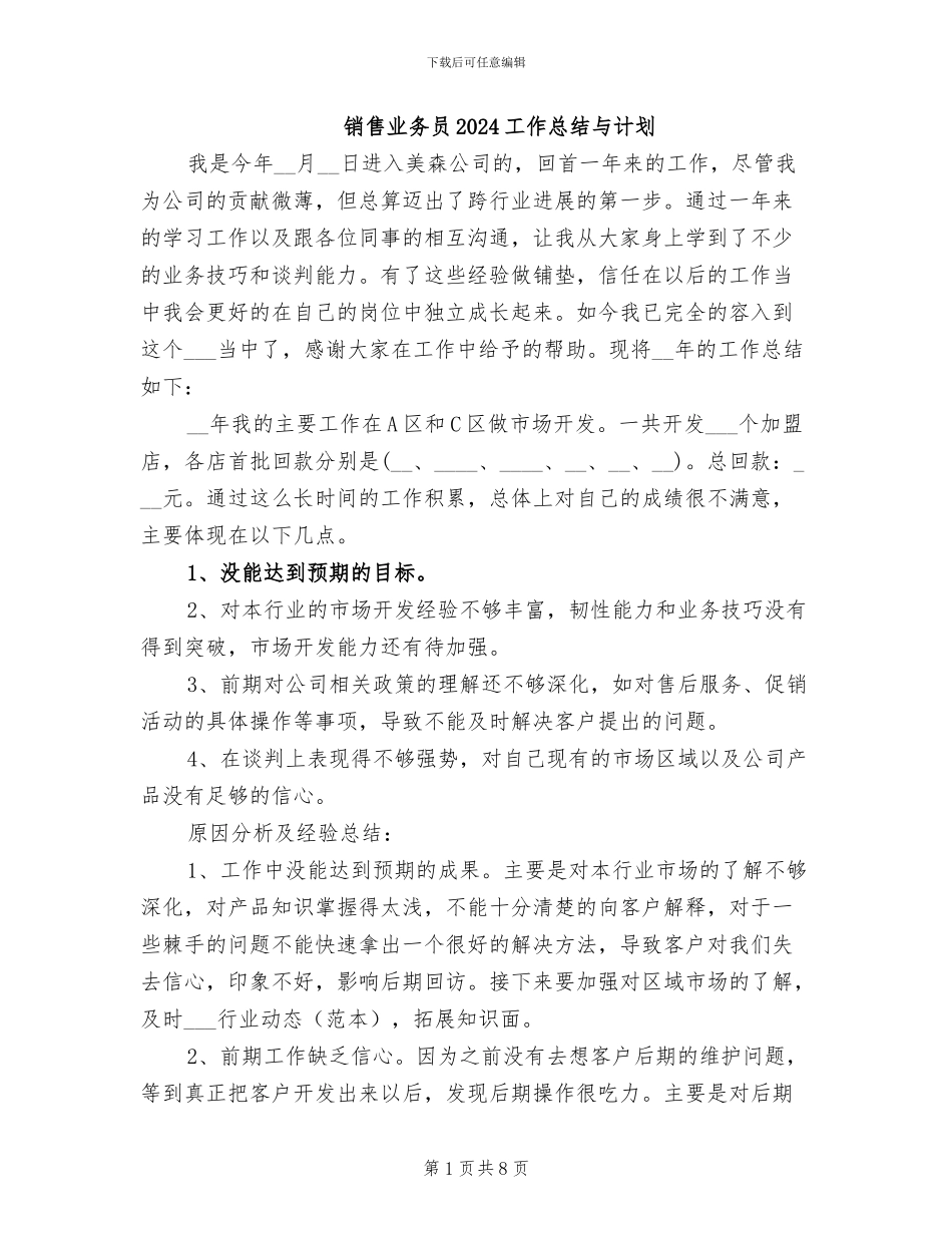 销售业务员2024工作总结与计划_第1页
