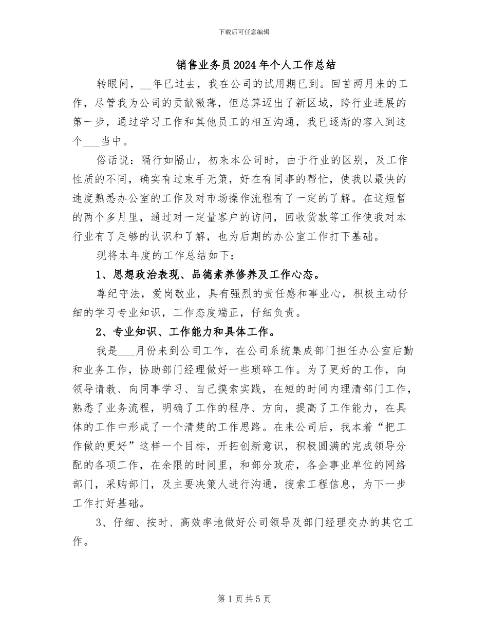 销售业务员2024年个人工作总结_第1页