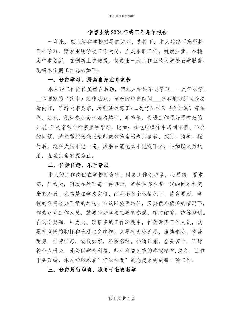 销售出纳2024年终工作总结报告_第1页