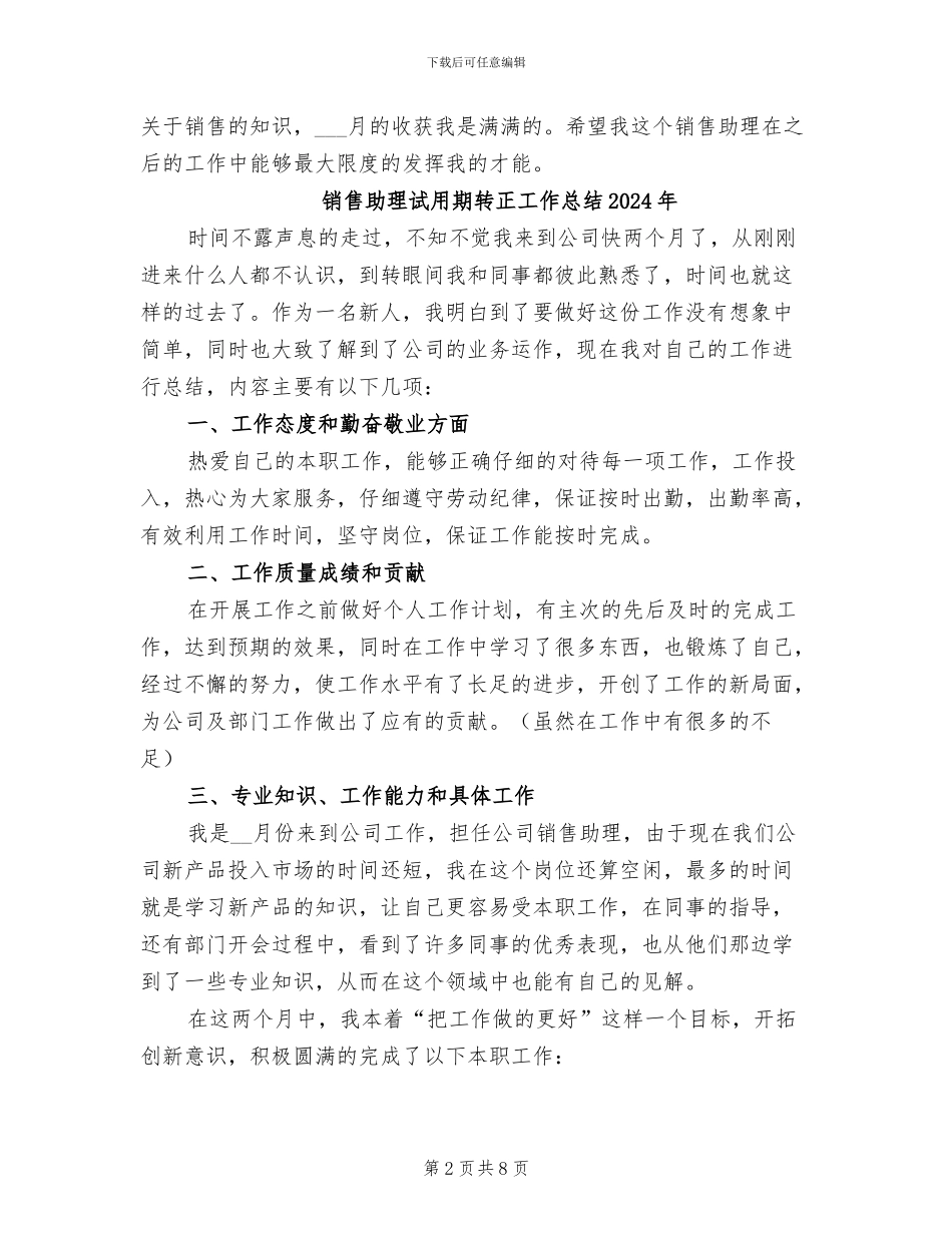 销售助理试用期工作总结2024年_第2页