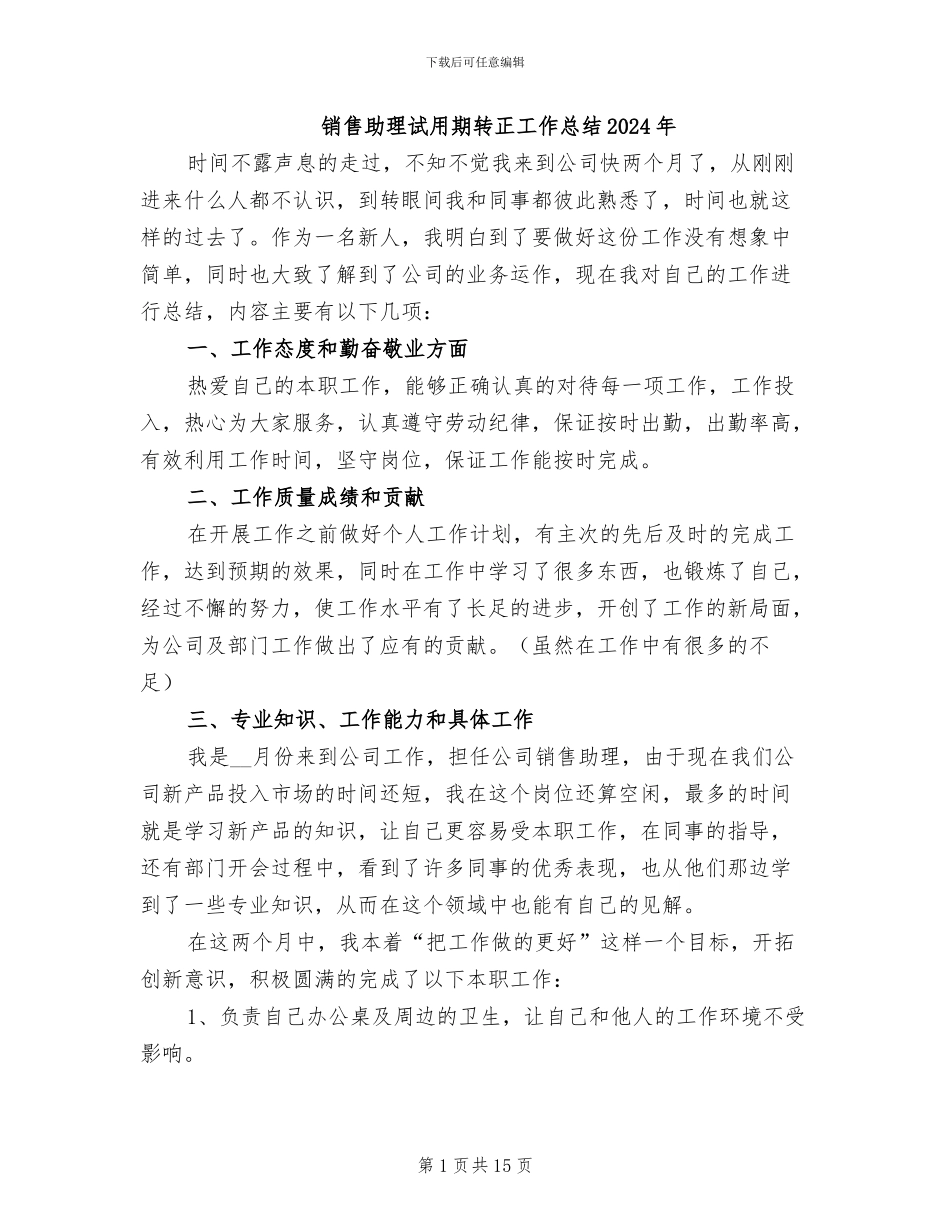 销售助理试用期转正工作总结2024年_第1页