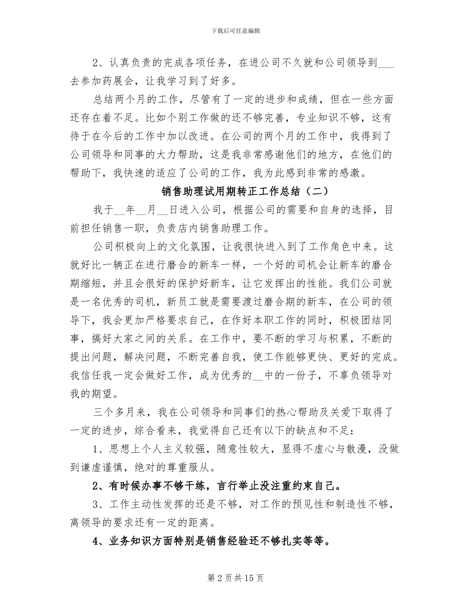 销售助理试用期转正工作总结2024年_第2页