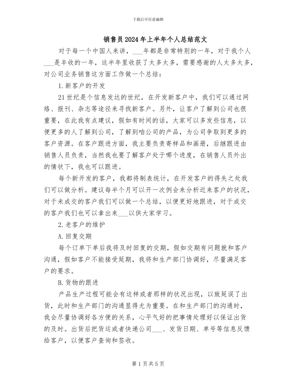 销售员2024年上半年个人总结范文_第1页