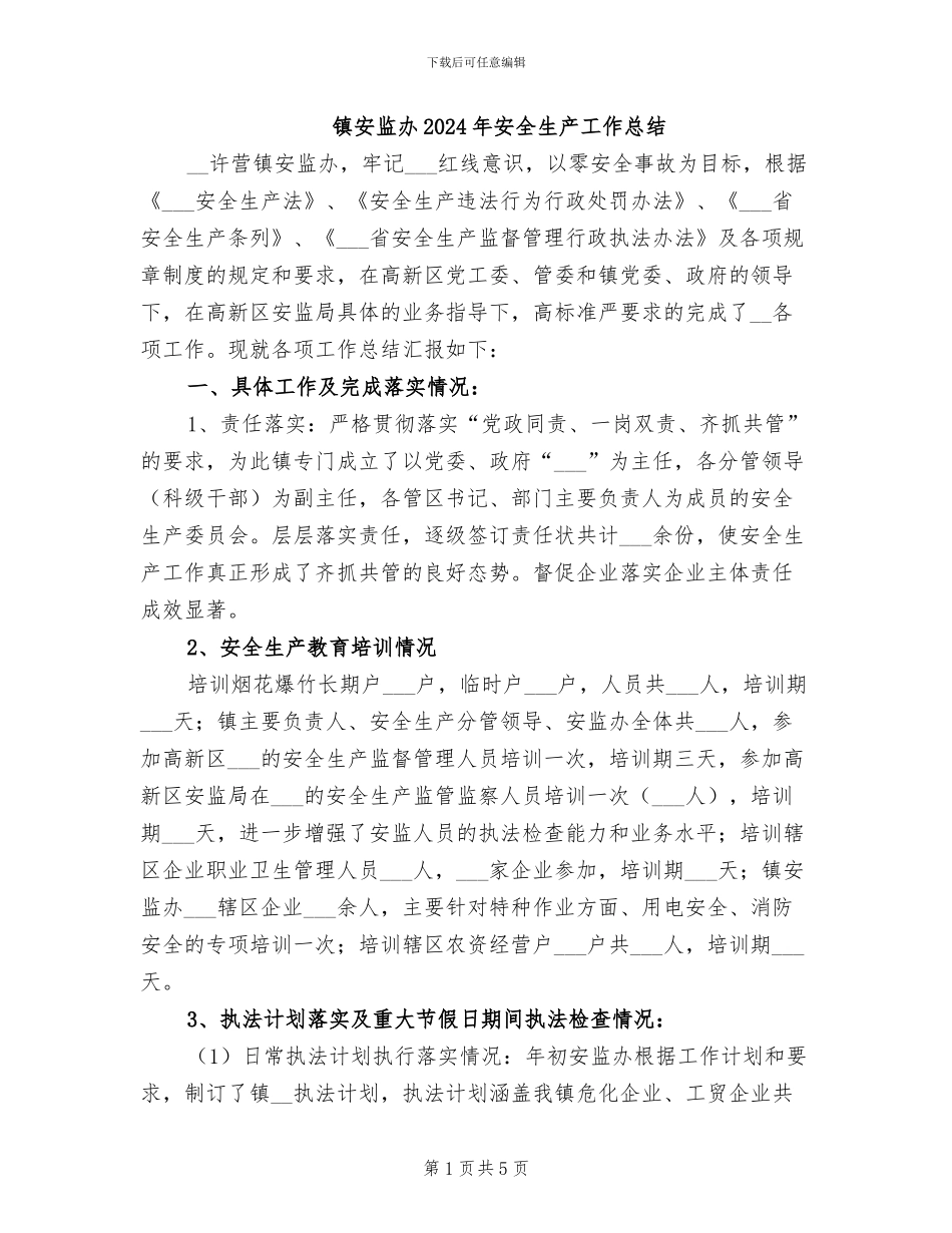 镇安监办2024年安全生产工作总结_第1页