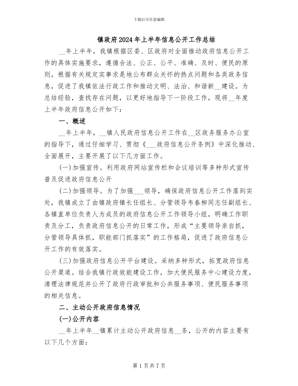 镇政府2024年上半年信息公开工作总结_第1页