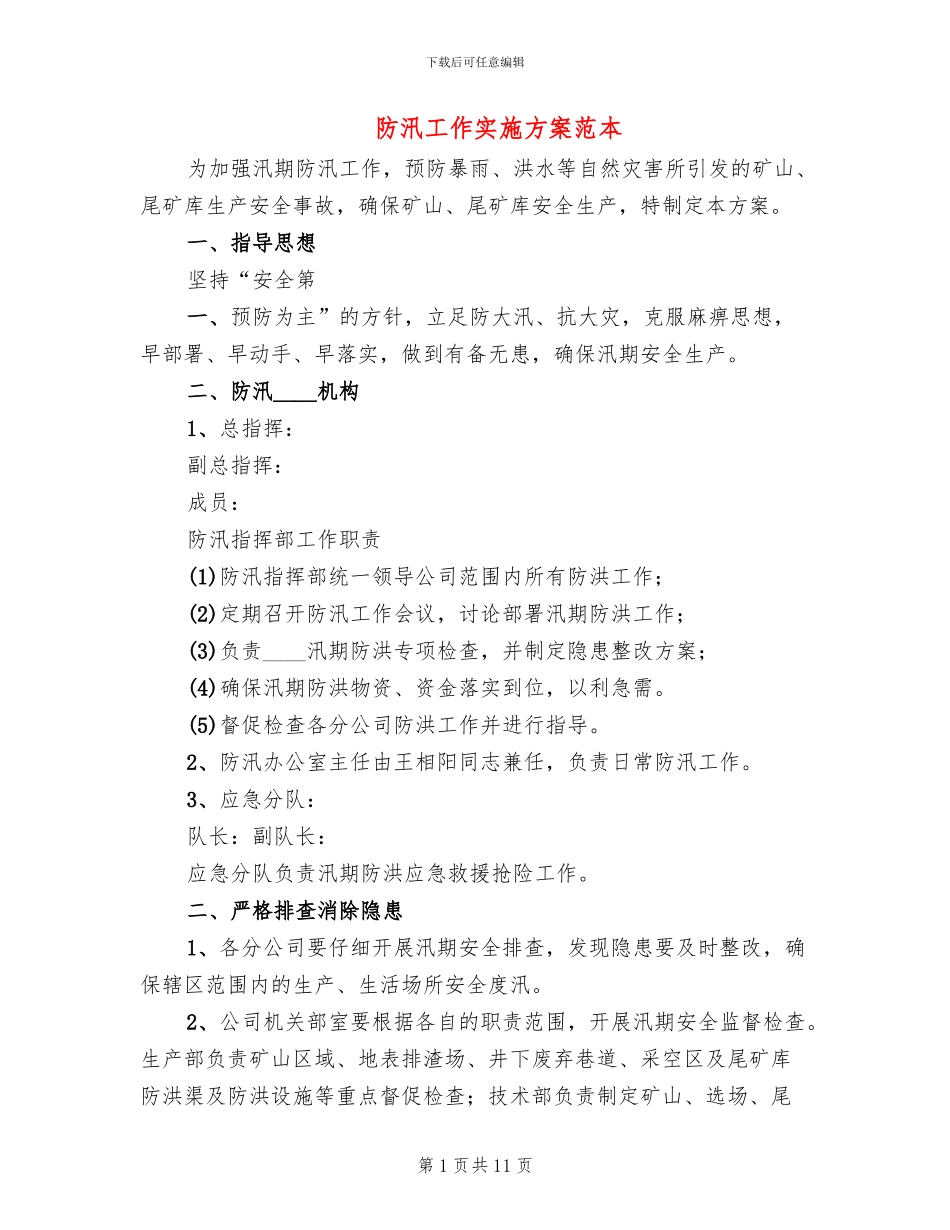 防汛工作实施方案范本_第1页