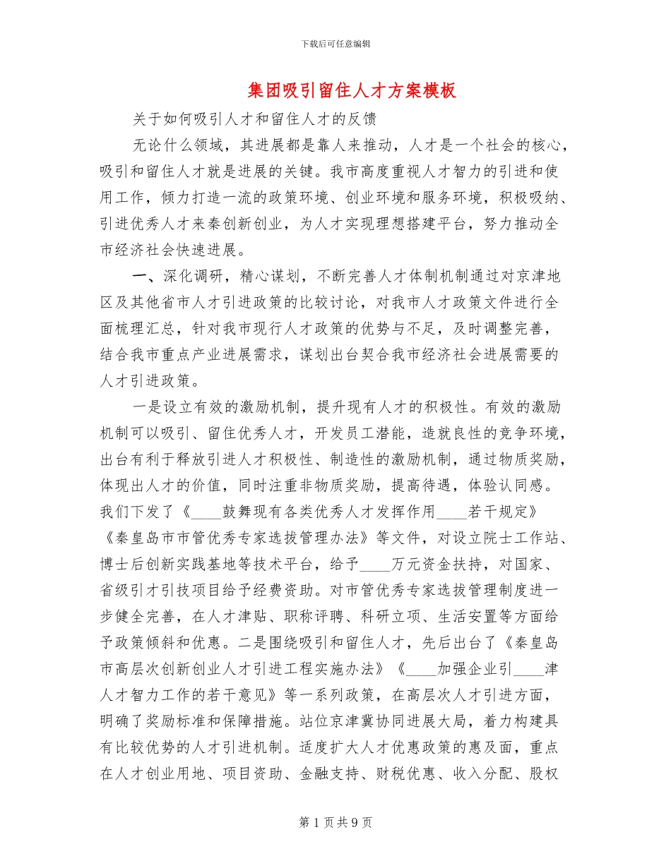 集团吸引留住人才方案模板_第1页
