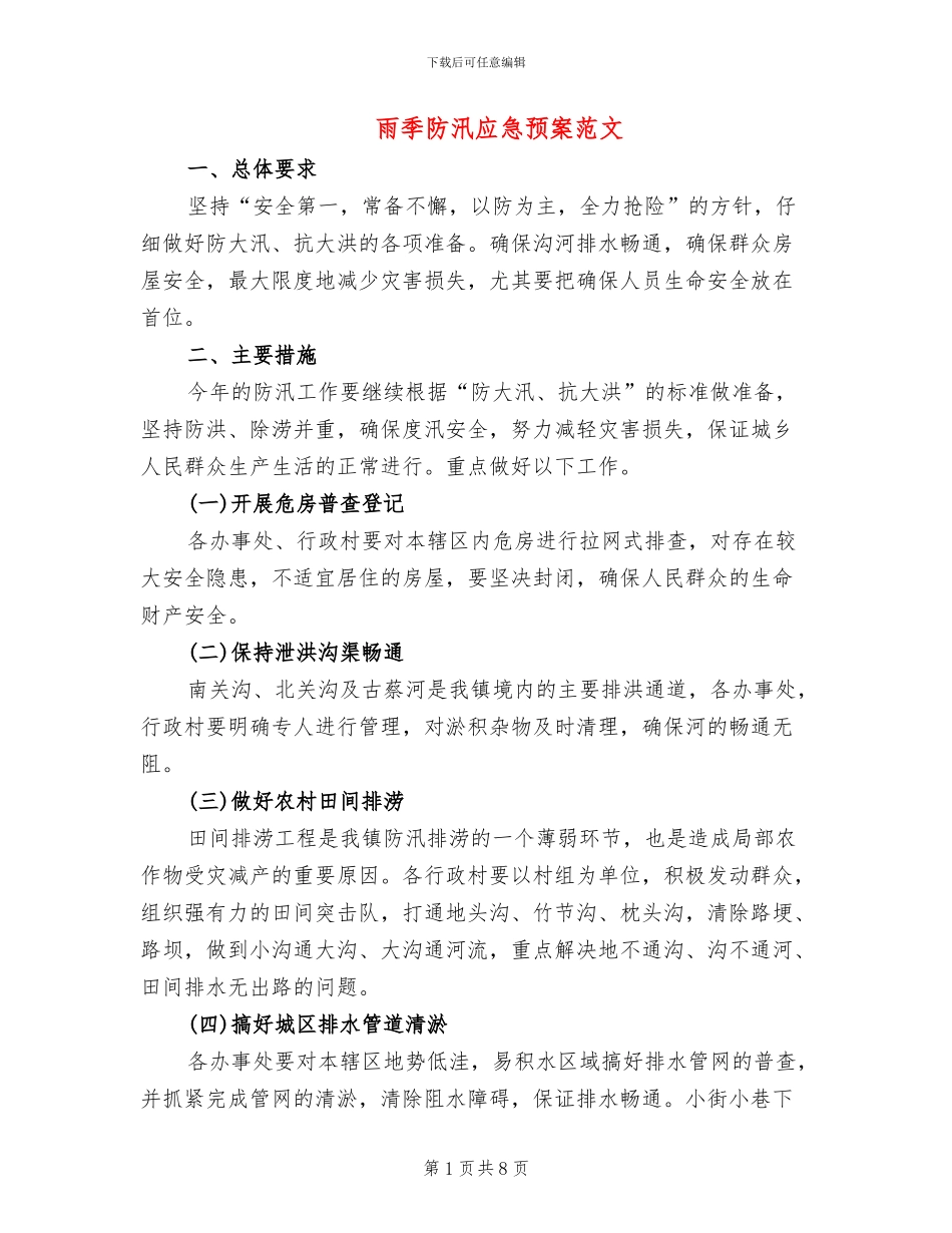 雨季防汛应急预案范文_第1页