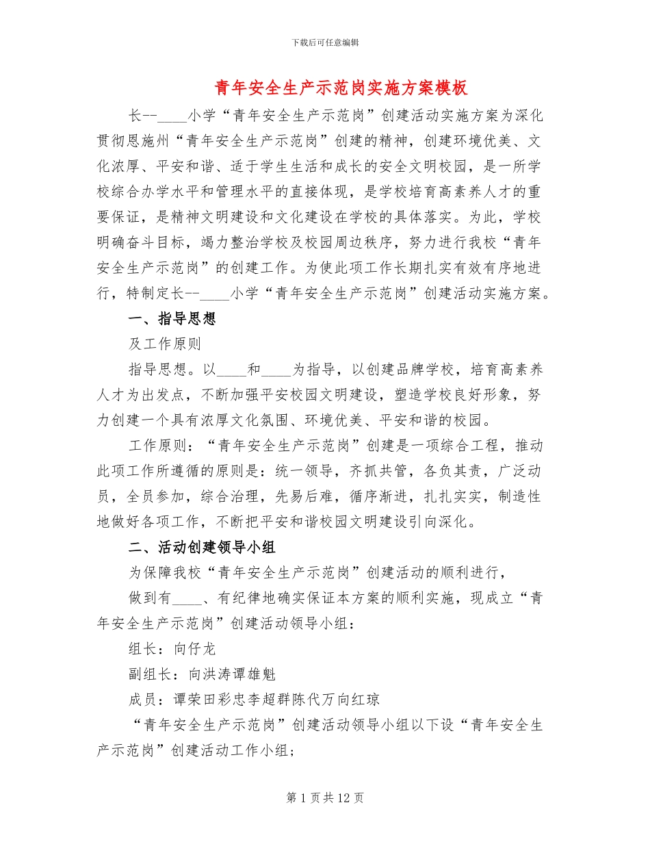 青年安全生产示范岗实施方案模板(6篇)_第1页