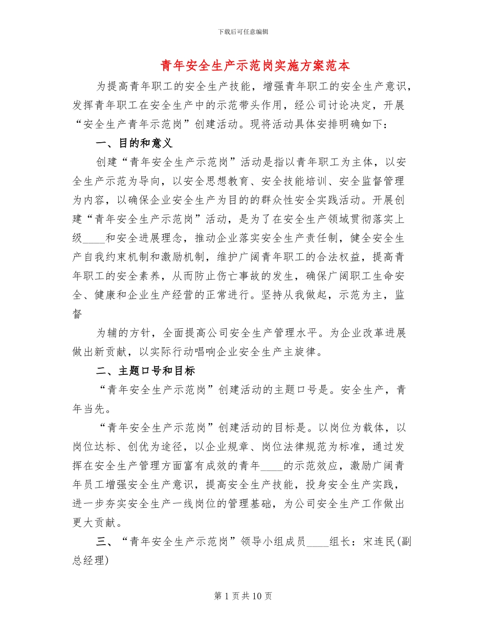 青年安全生产示范岗实施方案范本(6篇)_第1页