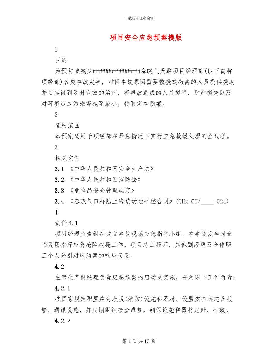 项目安全应急预案模版_第1页
