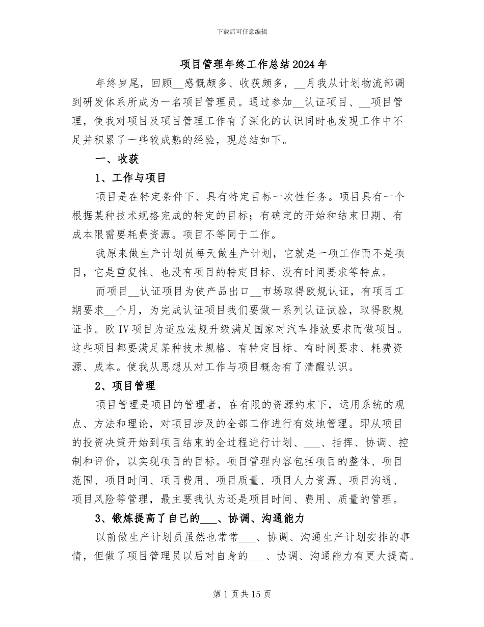 项目管理年终工作总结2024年_第1页