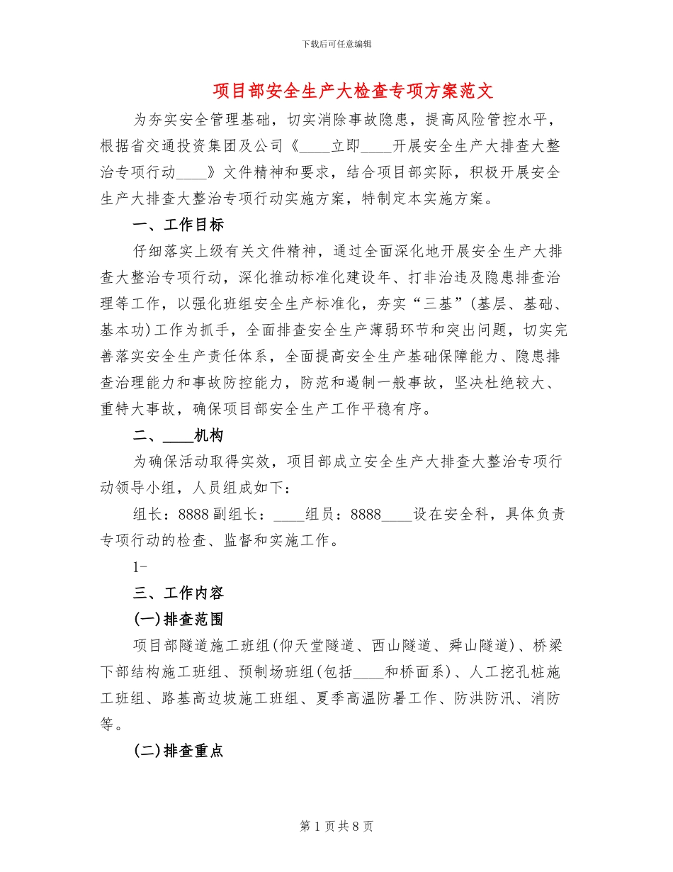 项目部安全生产大检查专项方案范文(2篇)_第1页