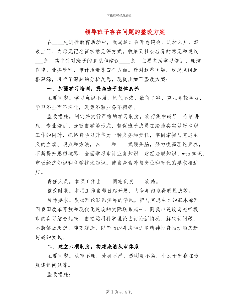 领导班子存在问题的整改方案_第1页