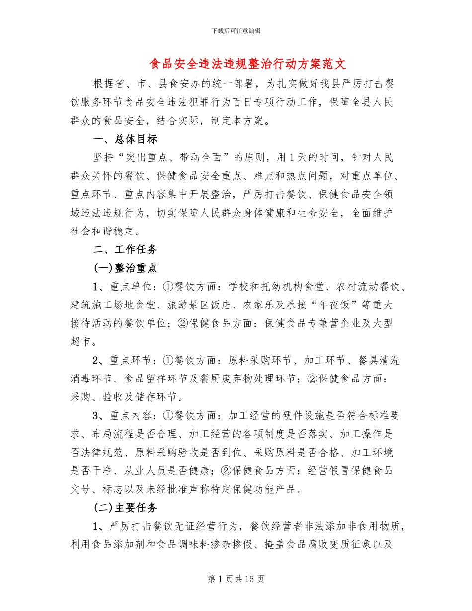 食品安全违法违规整治行动方案范文_第1页