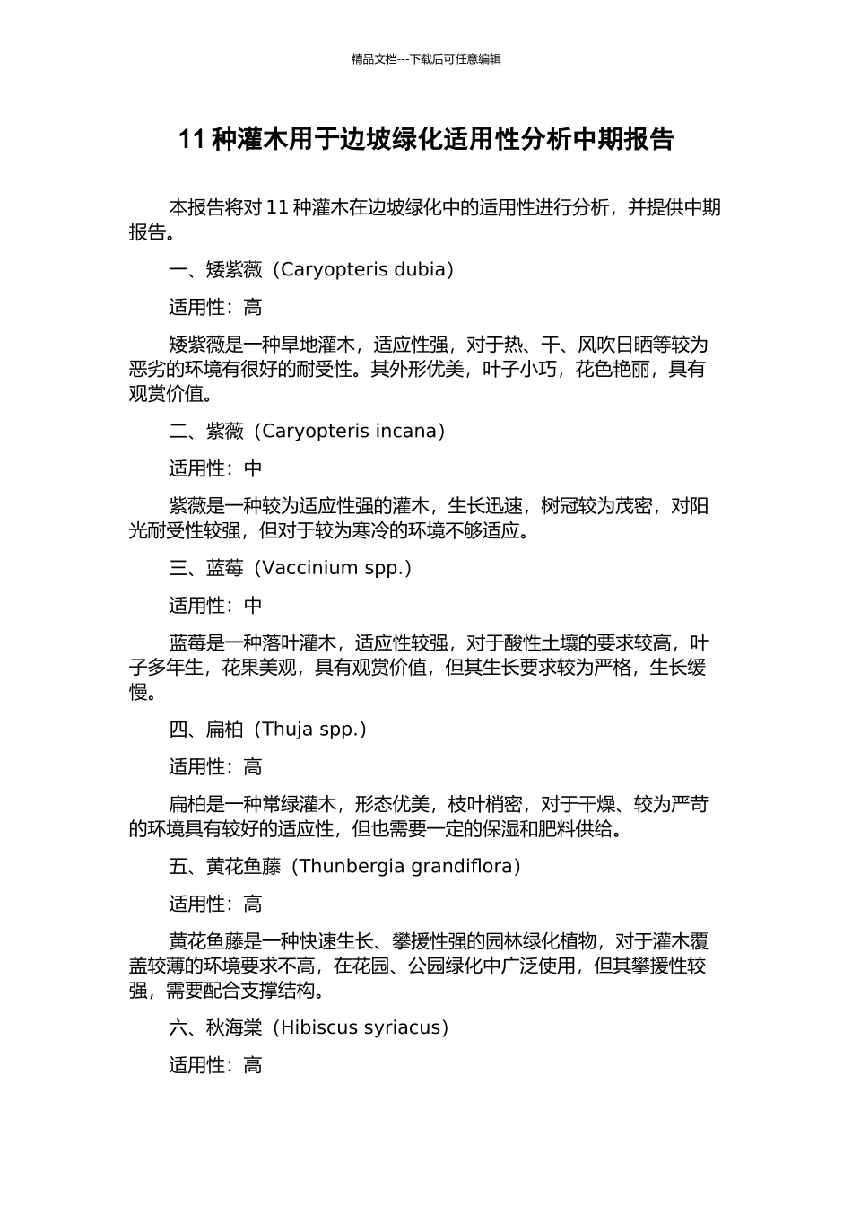 11种灌木用于边坡绿化适用性分析中期报告_第1页