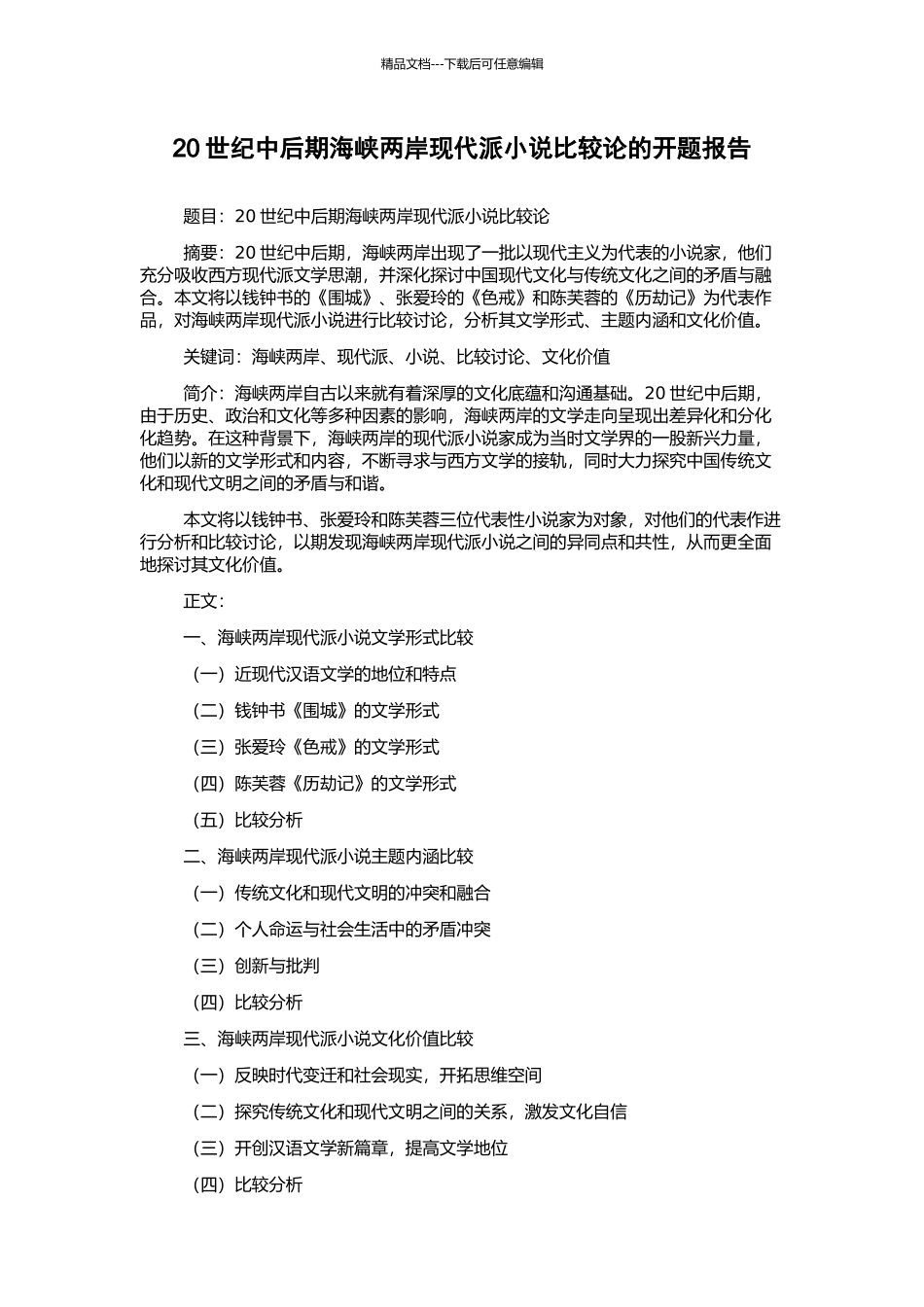 20世纪中后期海峡两岸现代派小说比较论的开题报告_第1页