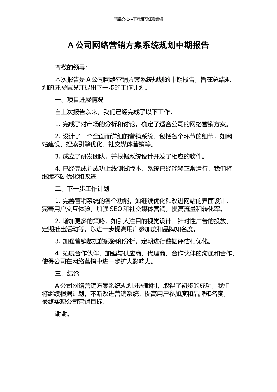 A公司网络营销方案系统规划中期报告_第1页