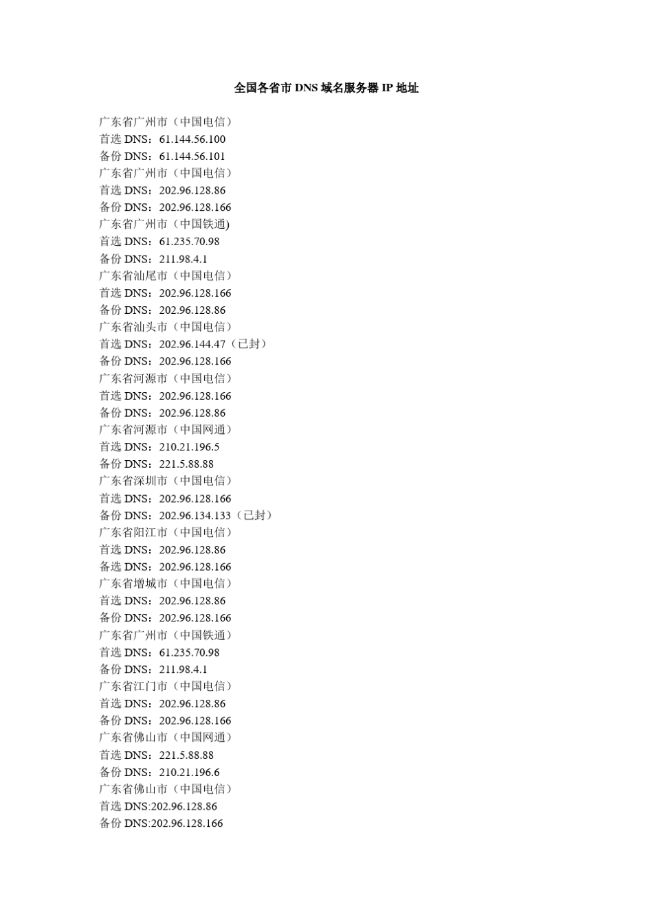 全国各省市DNS域名服务器IP地址大全_第1页