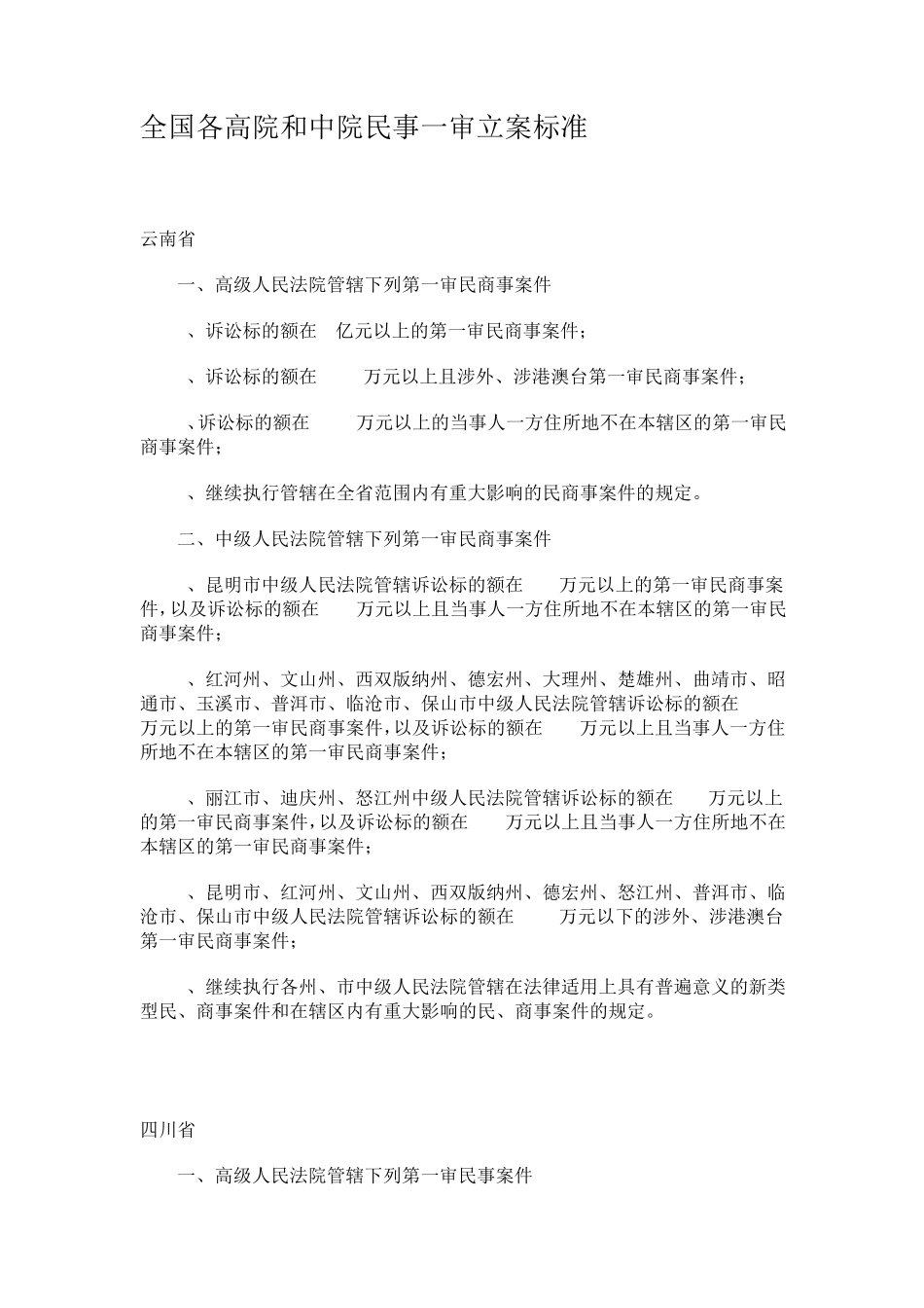 全国各高院和中院民事一审立案标准_第1页