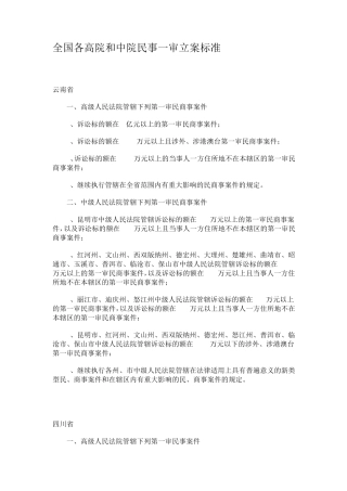 全国各高院和中院民事一审立案标准