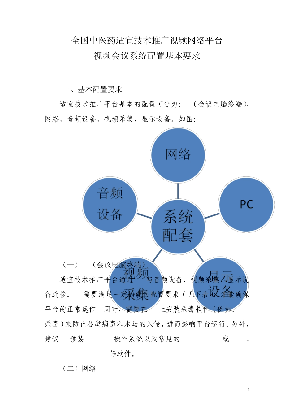 全国基层中医药适宜技术推广视频网络平台视频会议系统配置基本要求_第1页