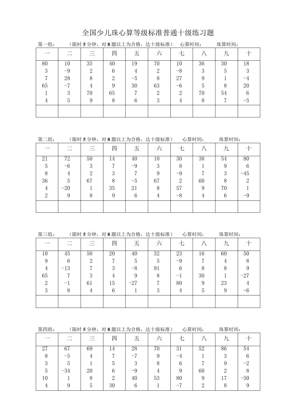 全国少儿珠心算等级标准普通十级练习题_第1页