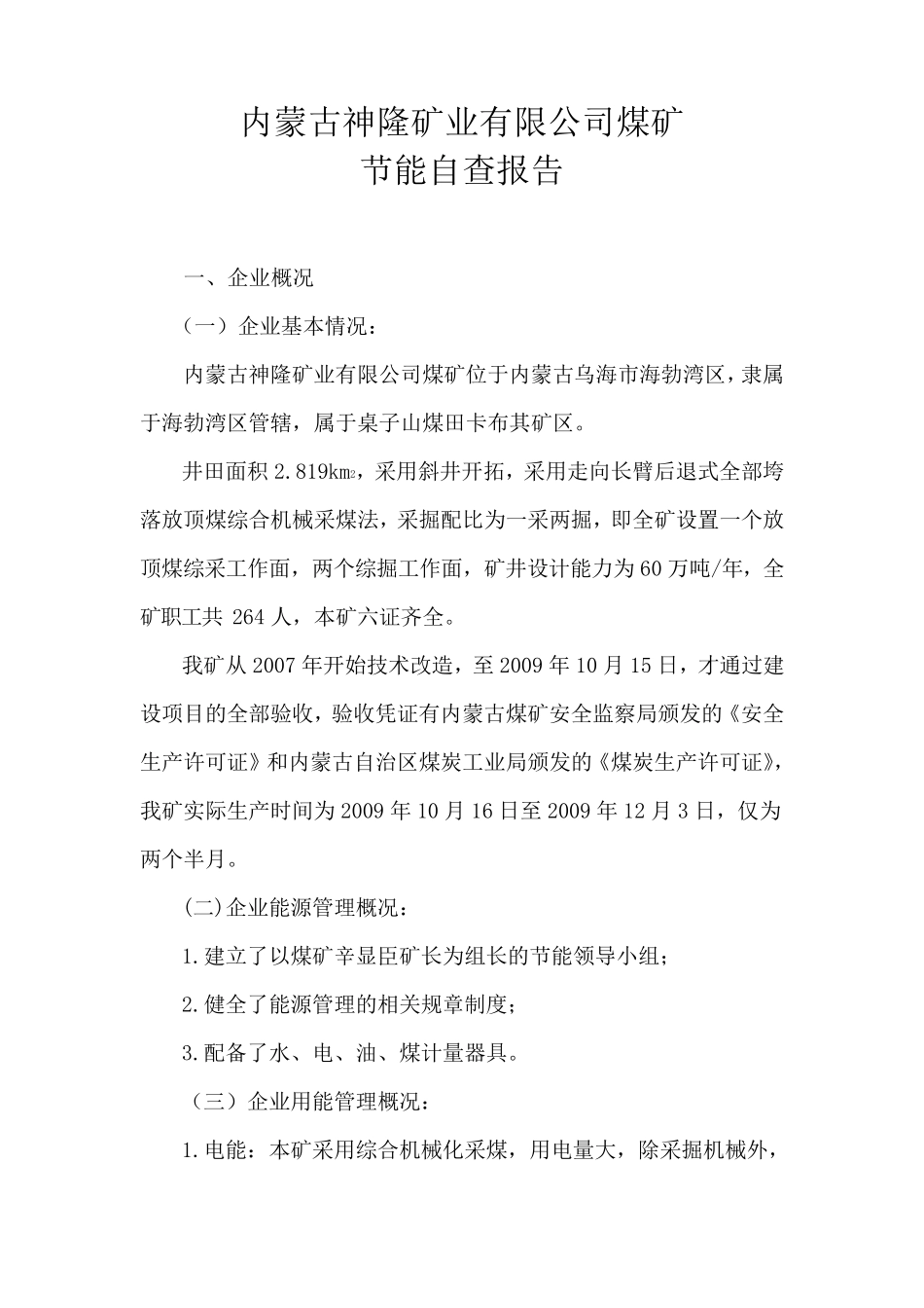 公司煤矿节能自查报告_第1页