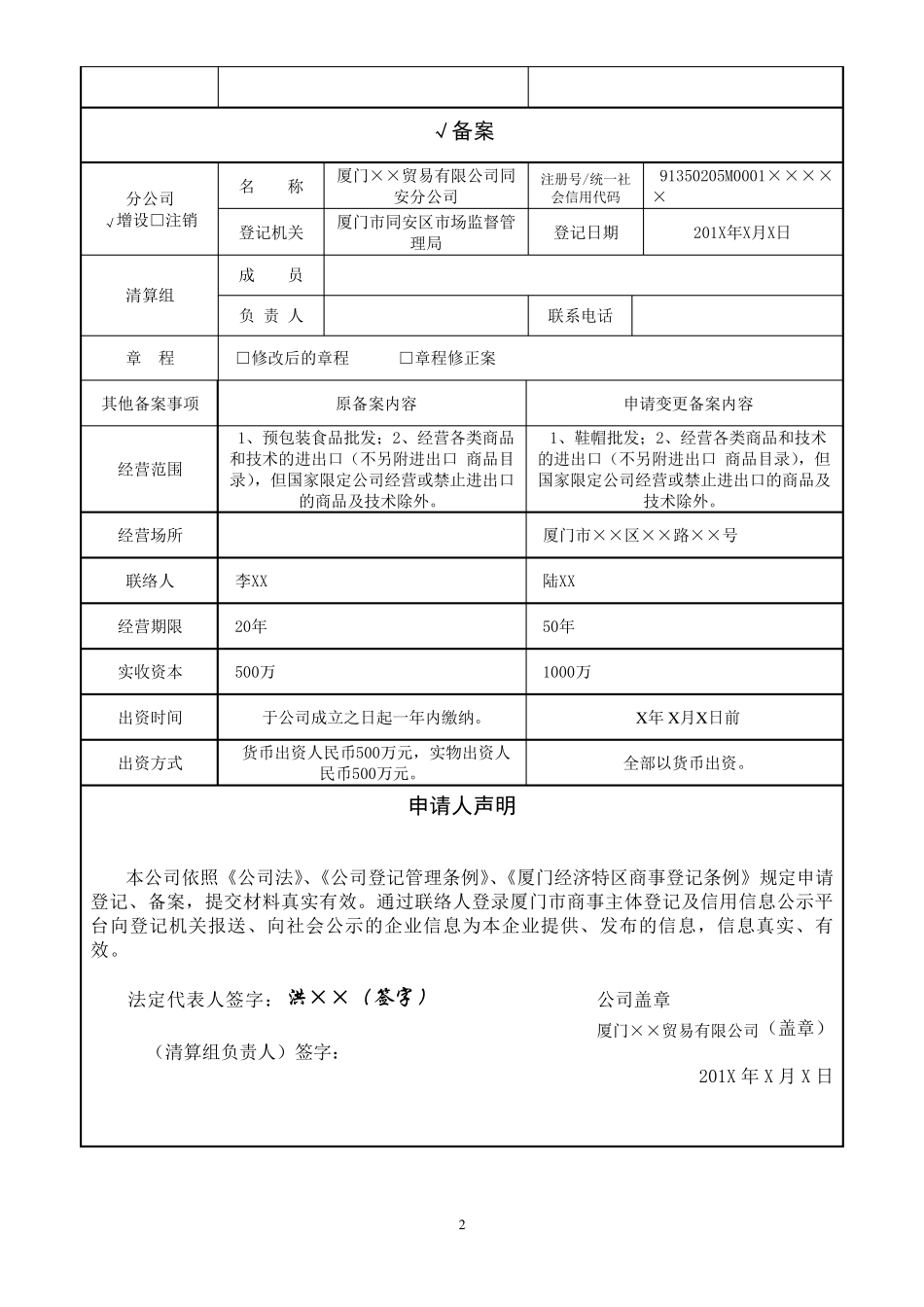 公司登记(备案)申请书填写范例_第2页