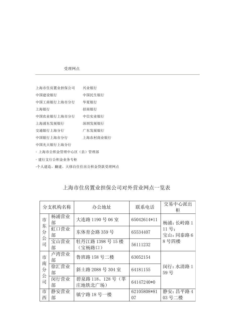 公积金中心各受理处及各银行联系方式_第1页