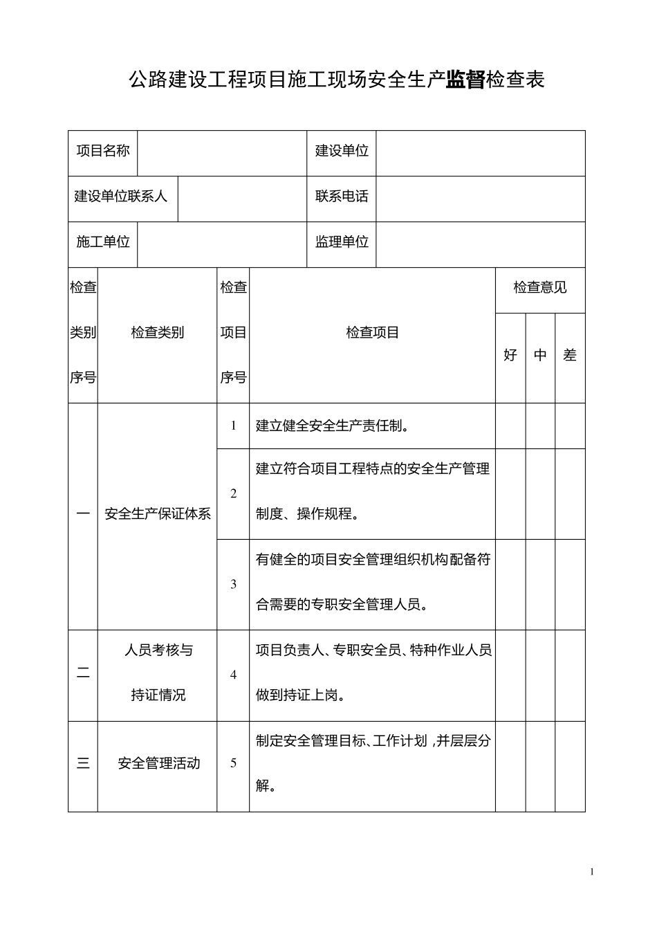 公路工程安全生产检查记录表模板_第1页