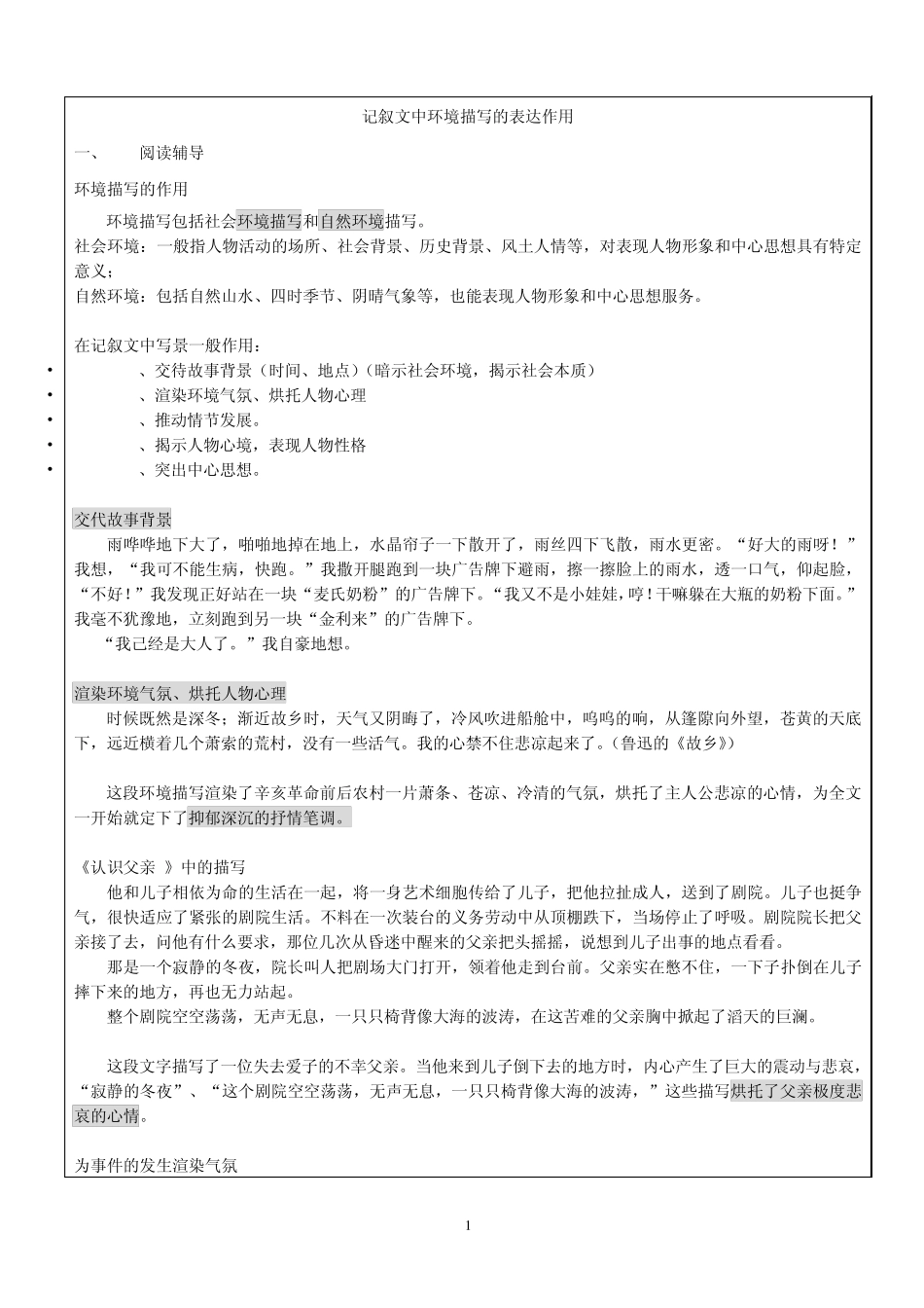 六七年级记叙文中环境描写的表达作用(学生版)_第1页
