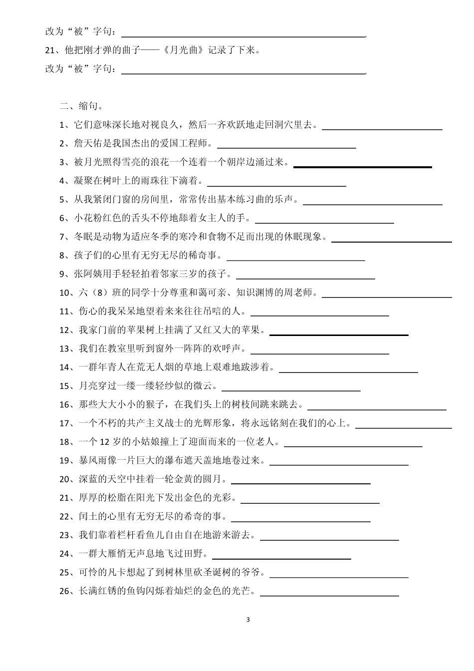 六年级上册按要求改写句子练习_第3页