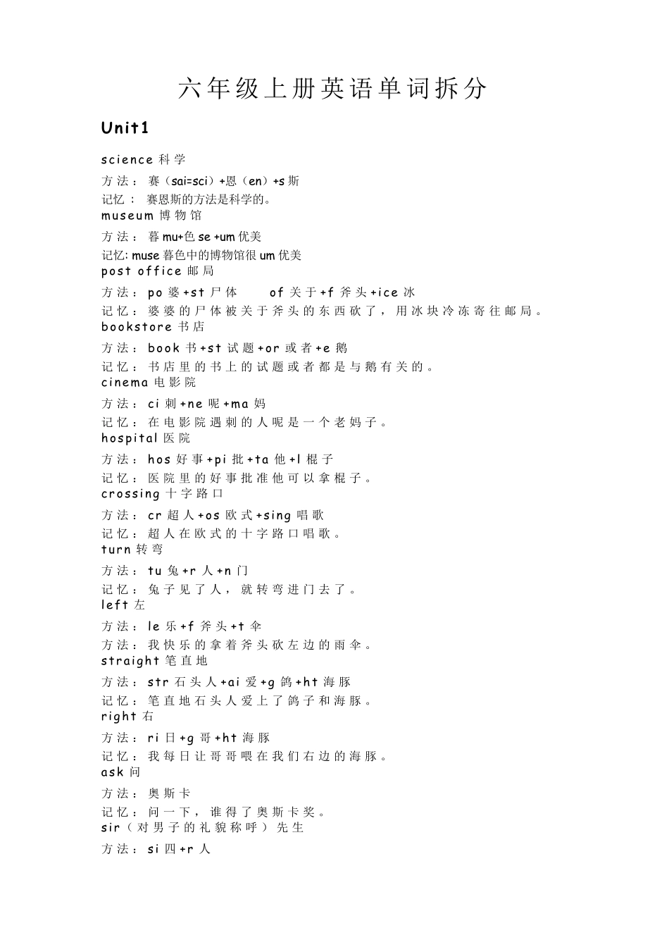 六年级上册英语单词拆分_第1页