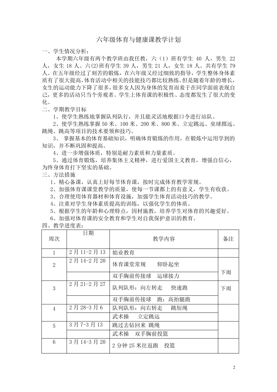 六年级下册体育教学计划与教案_第2页
