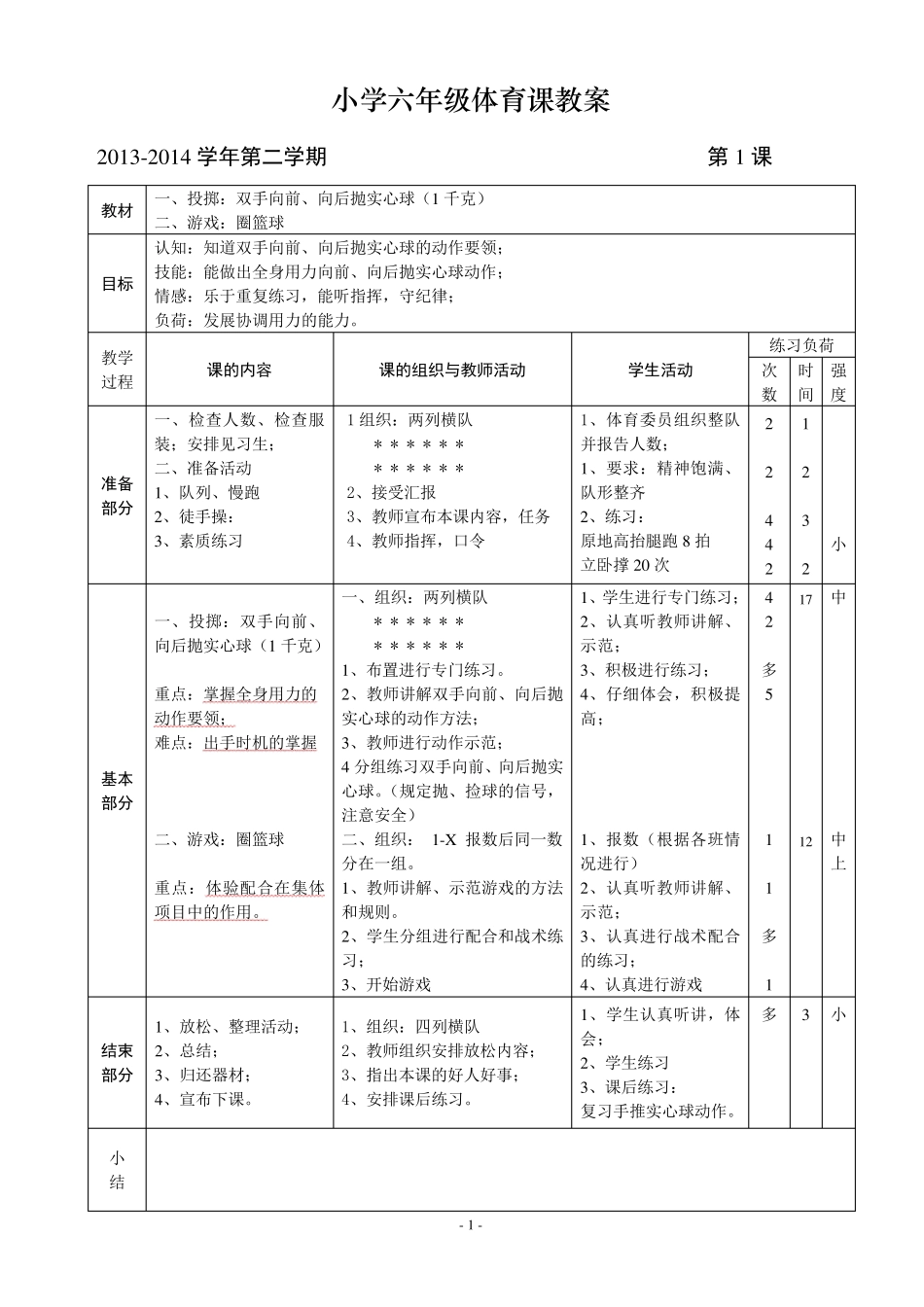 六年级下期体育教案(全册54课时)_第1页