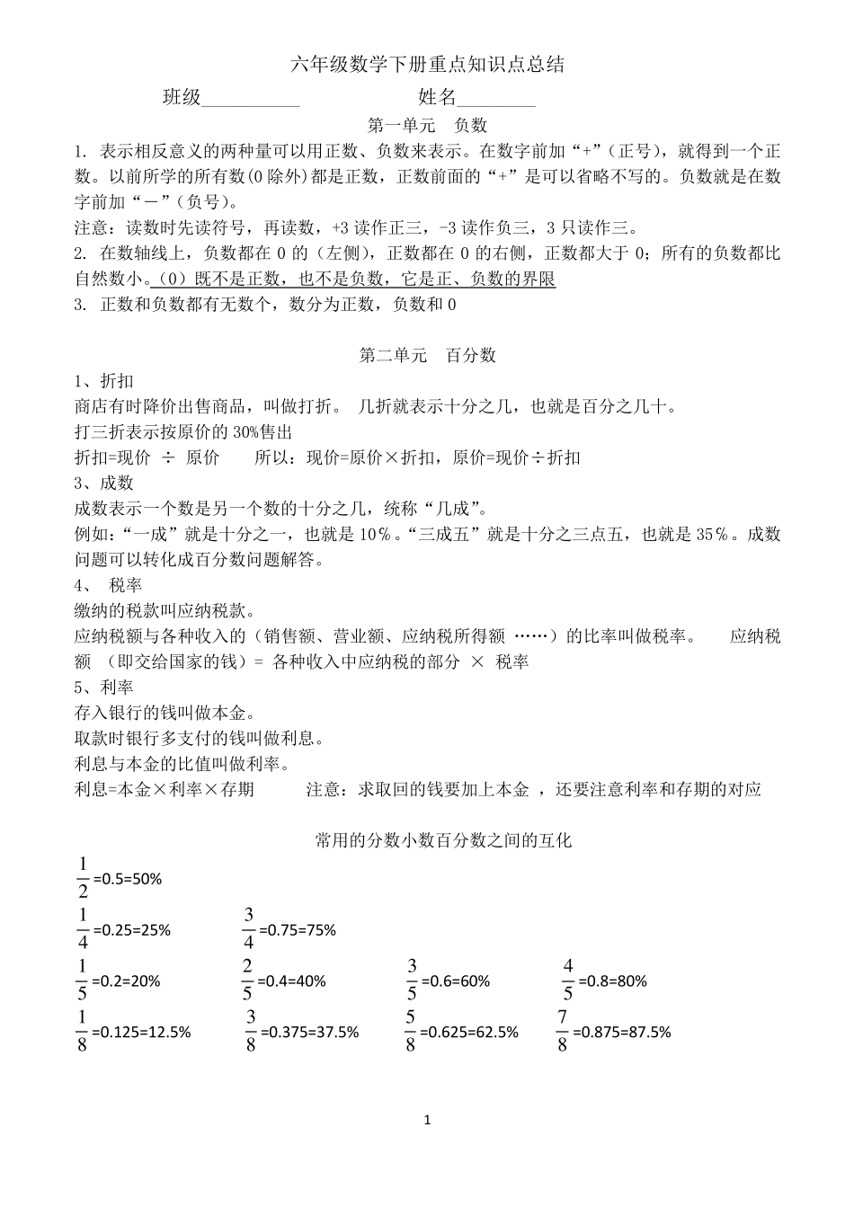 六年级数学下册重点知识点总结_第1页