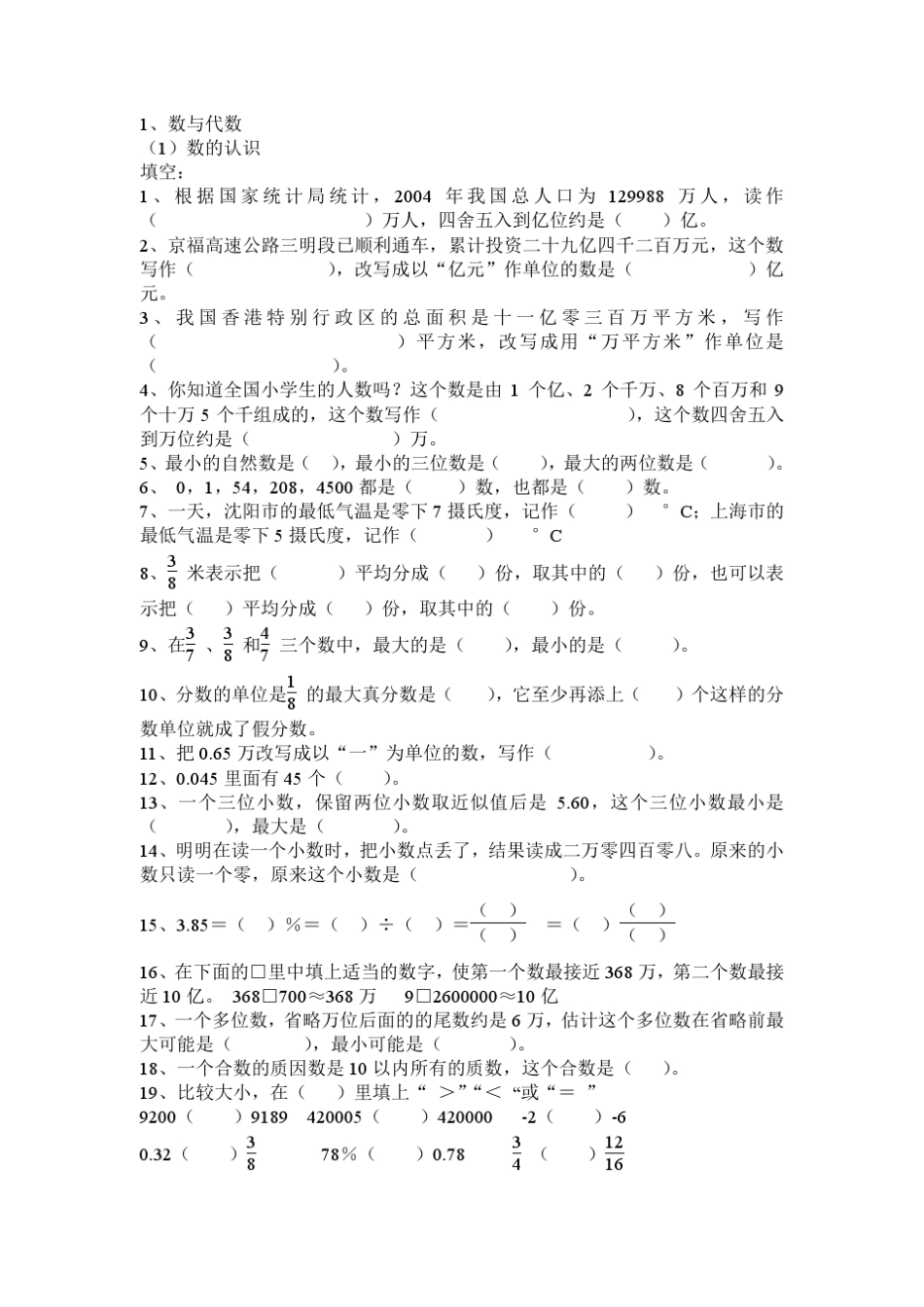 六年级数学毕业考试复习提纲练习题_第1页
