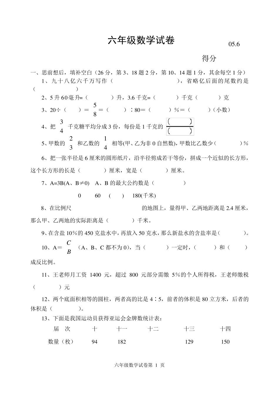 六年级苏教版数学下册期末试卷答案_第1页