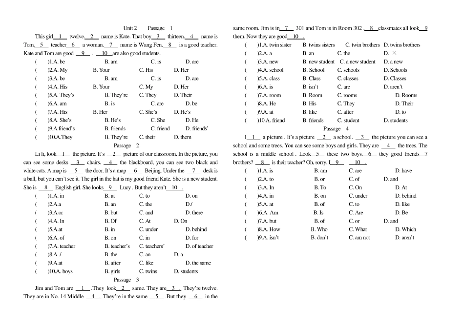 六年级英语完形填空100篇(含答案和讲解)_第2页