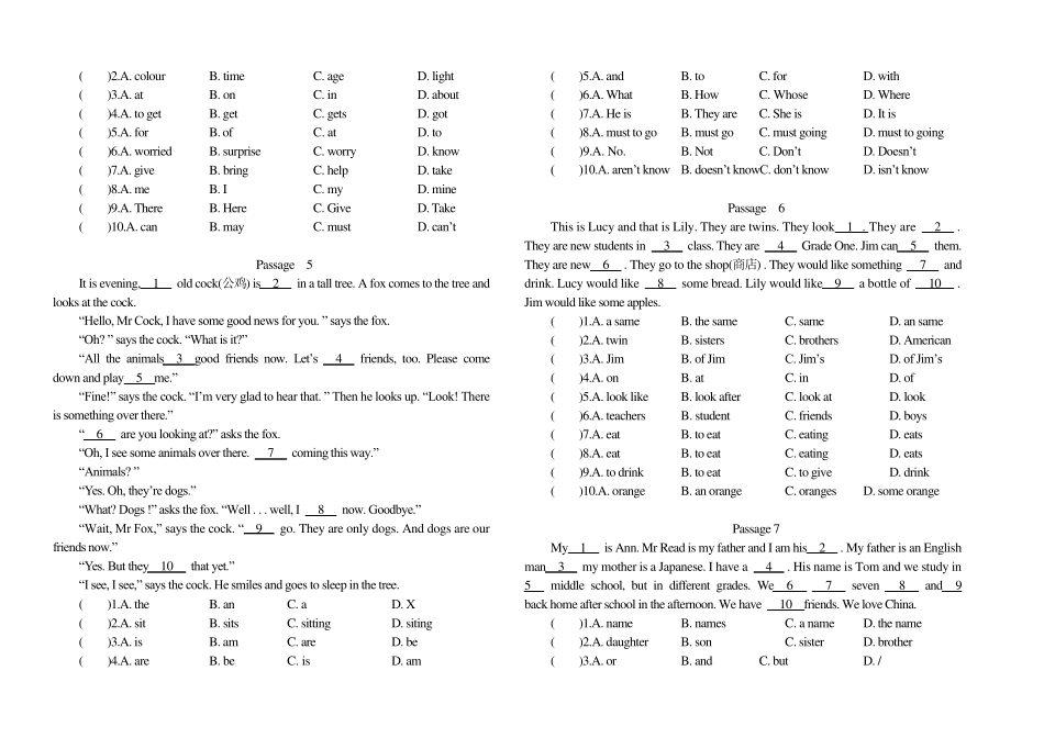 六年级英语完形填空15篇(含答案和讲解)_第2页