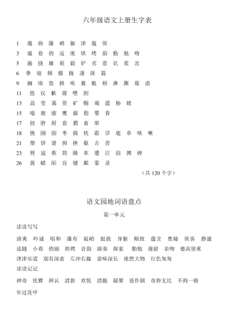 六年级语文上下册生字词语表