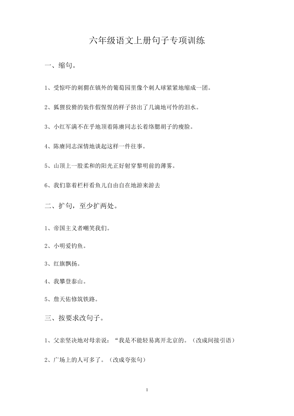 六年级语文上册句子专项训练_第1页