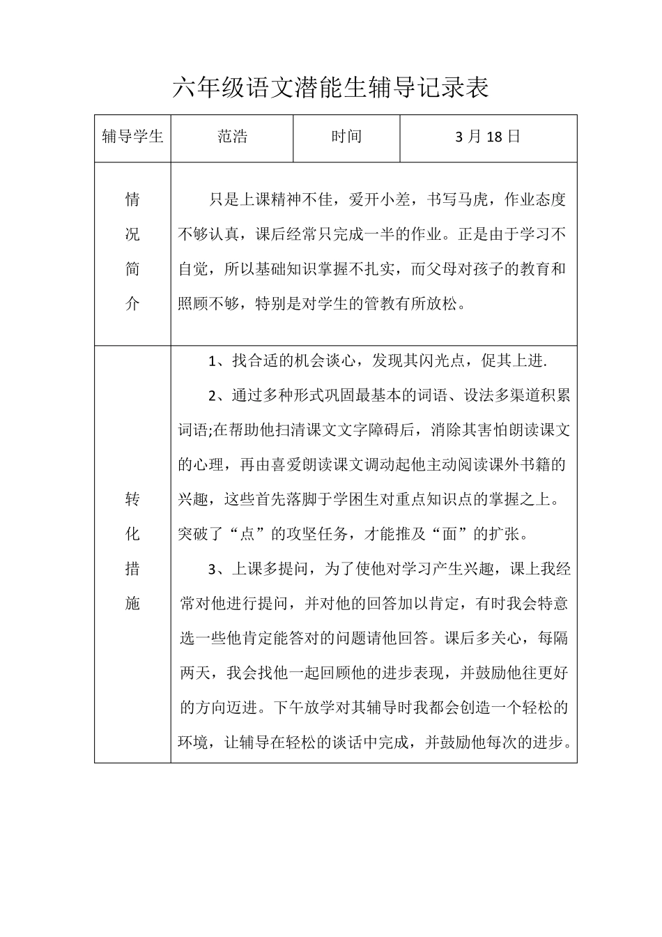 六年级语文潜能生辅导记录表_第2页