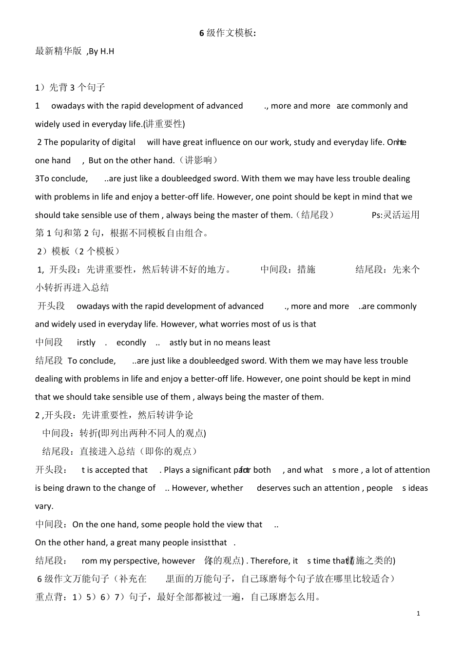 六级作文万能模板(最新精华版)_第1页