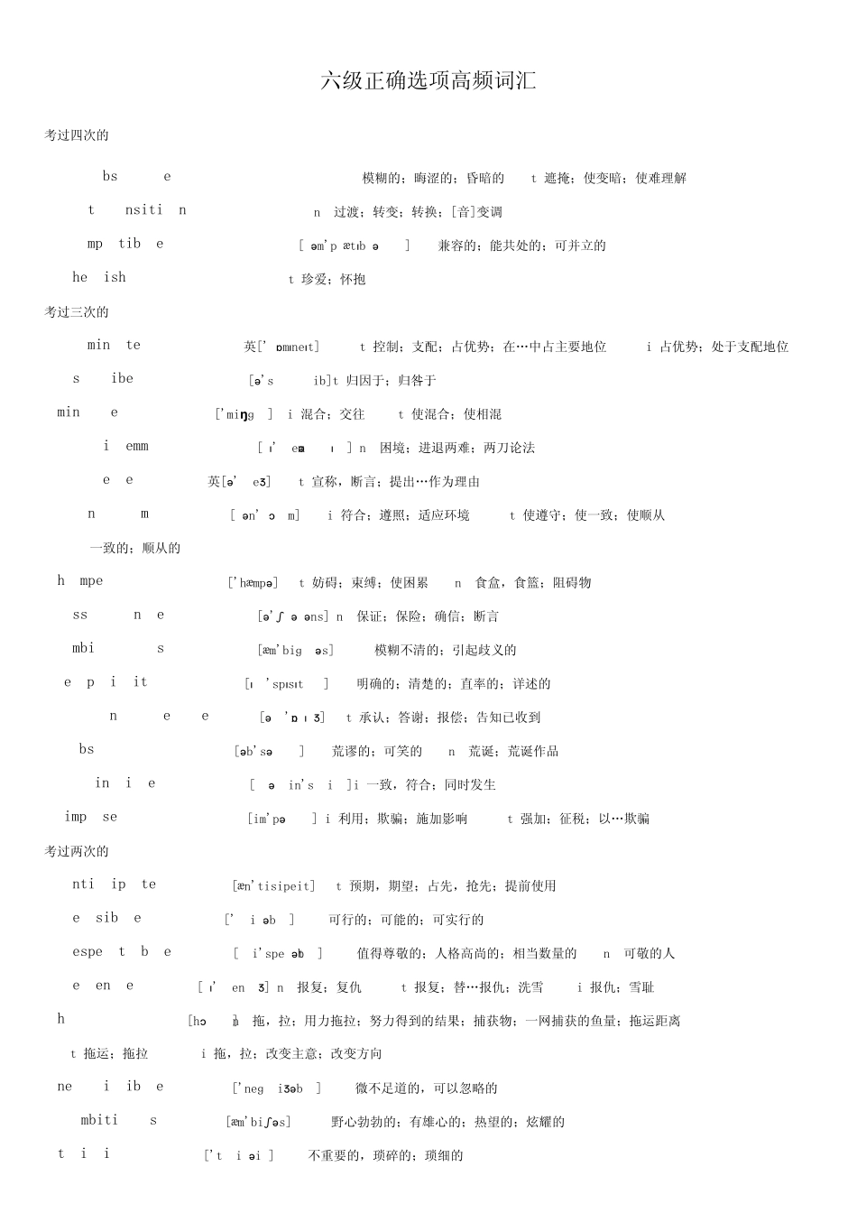 六级最重要的100多个选项高频词汇_第1页