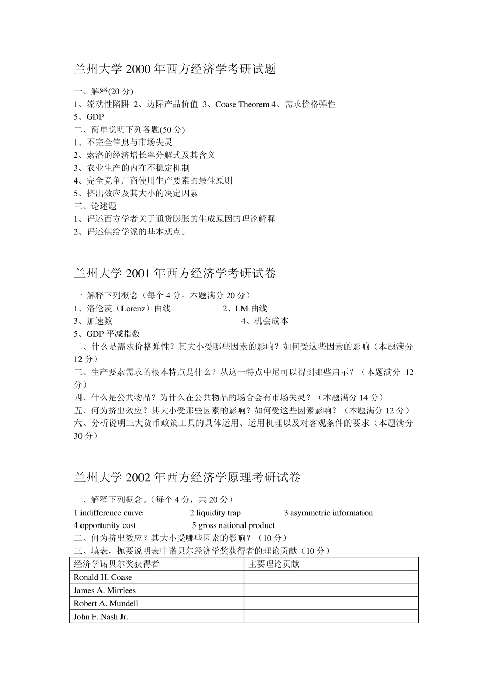 兰州大学经济学历年考研试题00~09_第1页