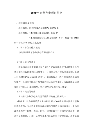 关于20MW余热发电项目备案申请报告