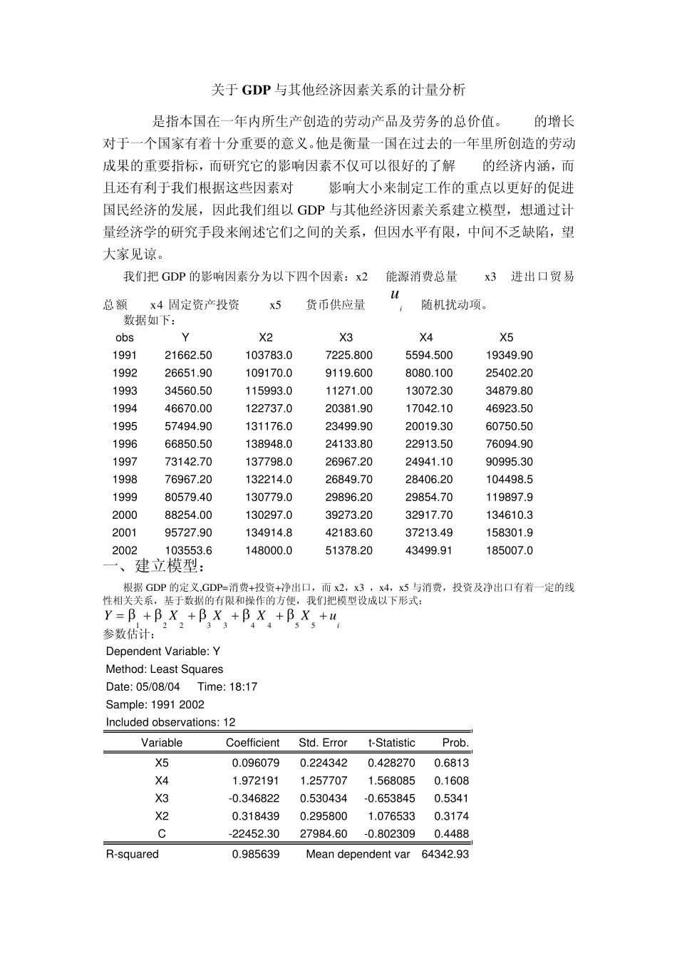 关于GDP与其他经济因素关系的计量分析_第1页