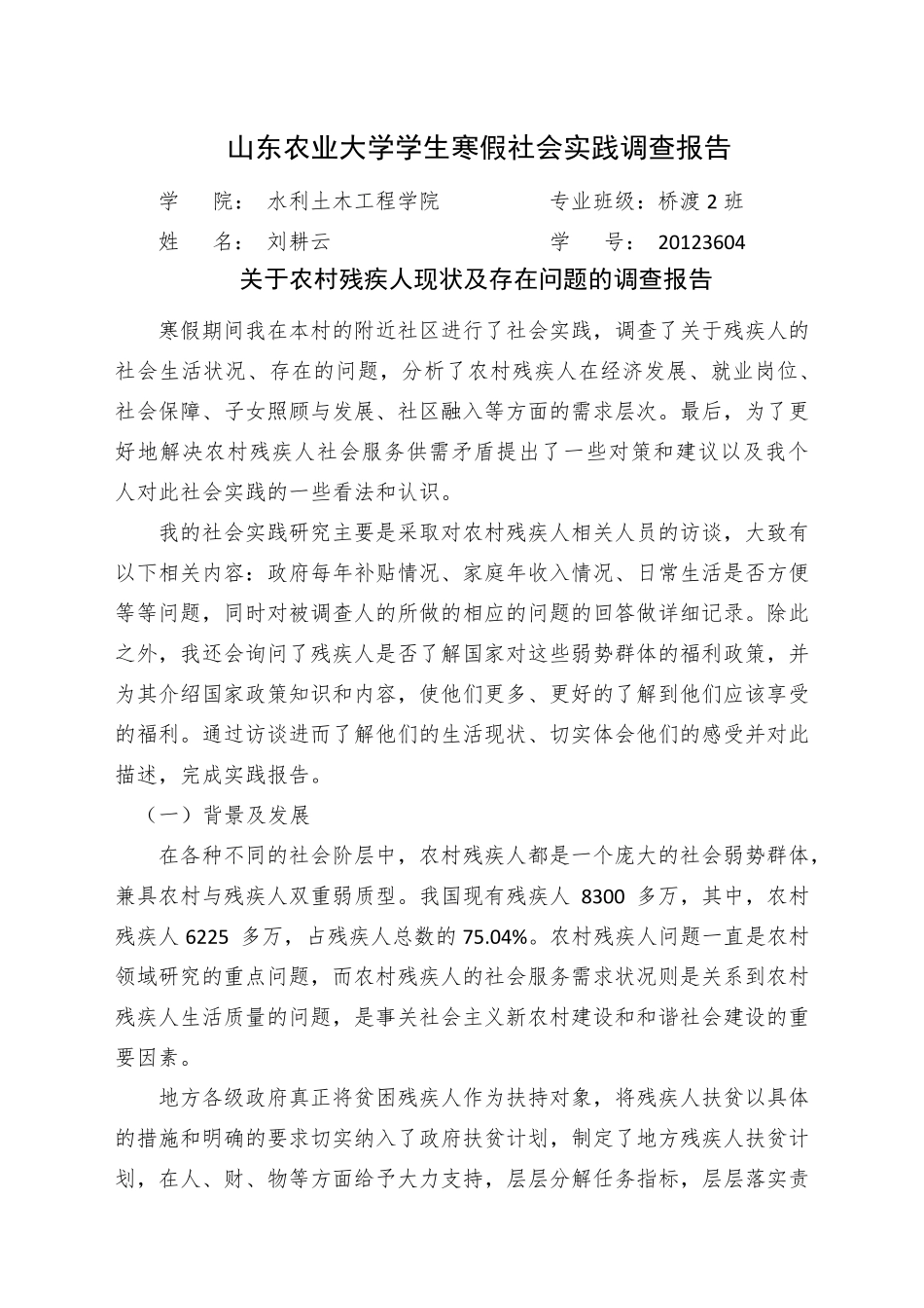 关于农村残疾人现状及存在问题的调查报告_第1页